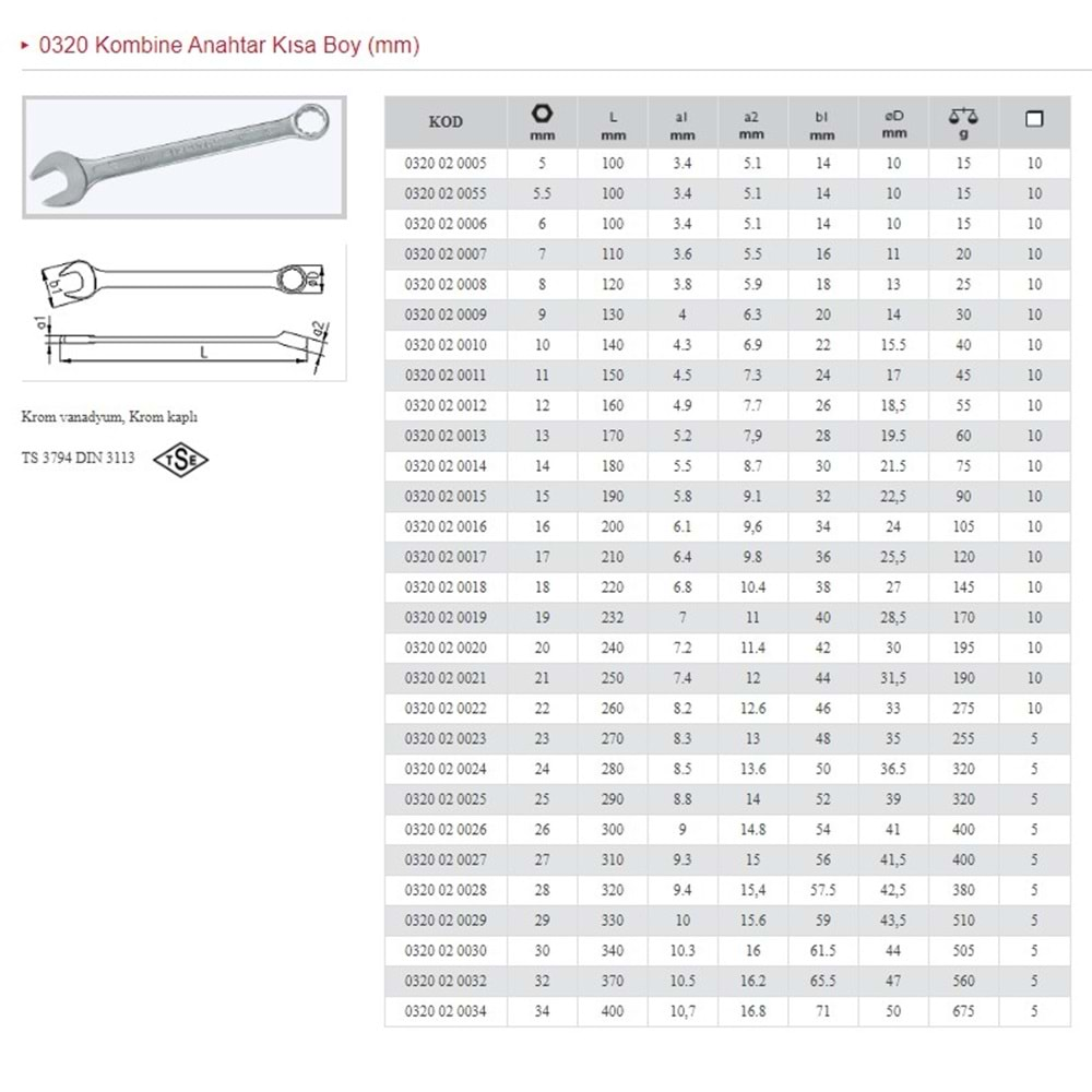 İZELTAŞ 8 MM KOMBİNE KISA ANAHTAR 0320 02 0008