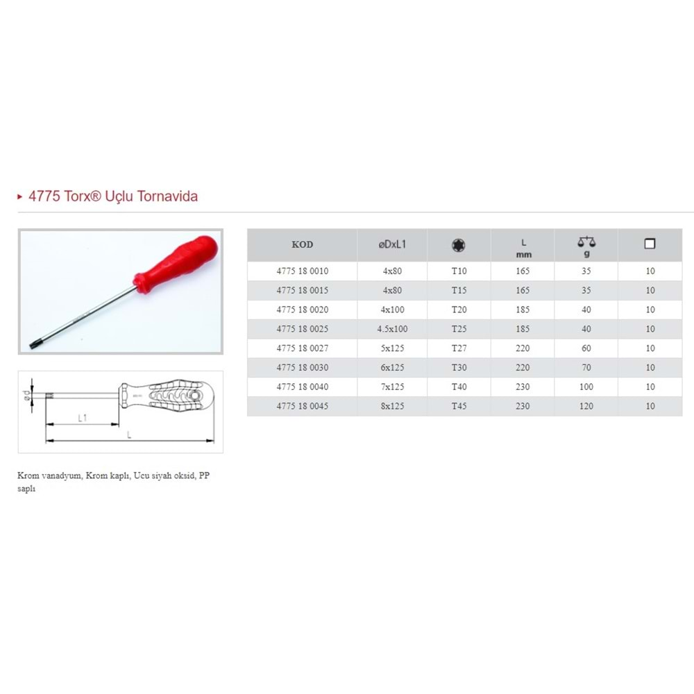 İZELTAŞ T45 TORX UÇLU TORNAVİDA 4775 18 0045