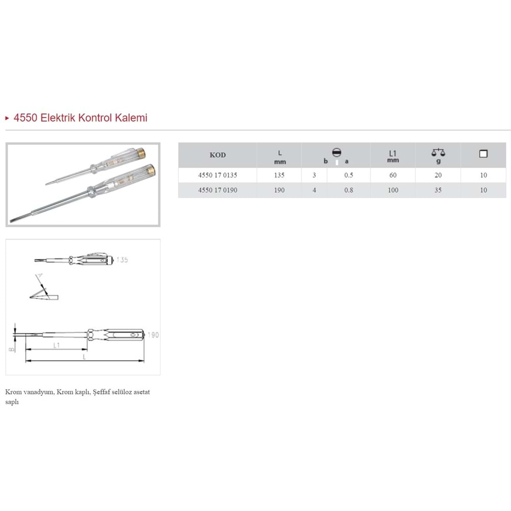 İZELTAŞ 190 MM KONTROL KALEMİ - DÜZ UÇLU 4550 17 0190