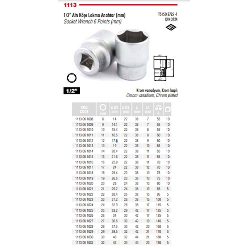 İZELTAŞ 10 MM 1/2 ALTI KÖŞELİ LOKMA ANAHTAR 1113 06 1010