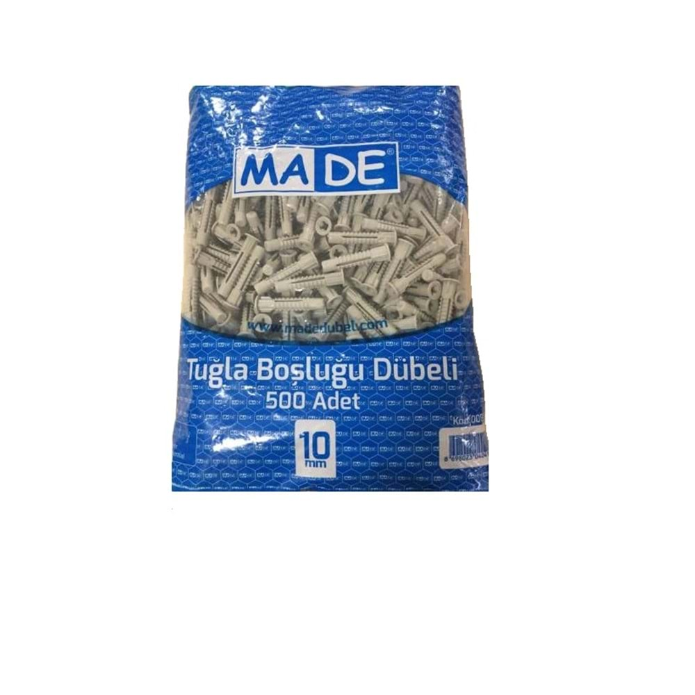 10 MM 500LÜ PAKET GRİ TUĞLA BOŞLUK DÜBELİ MADE KOD:008