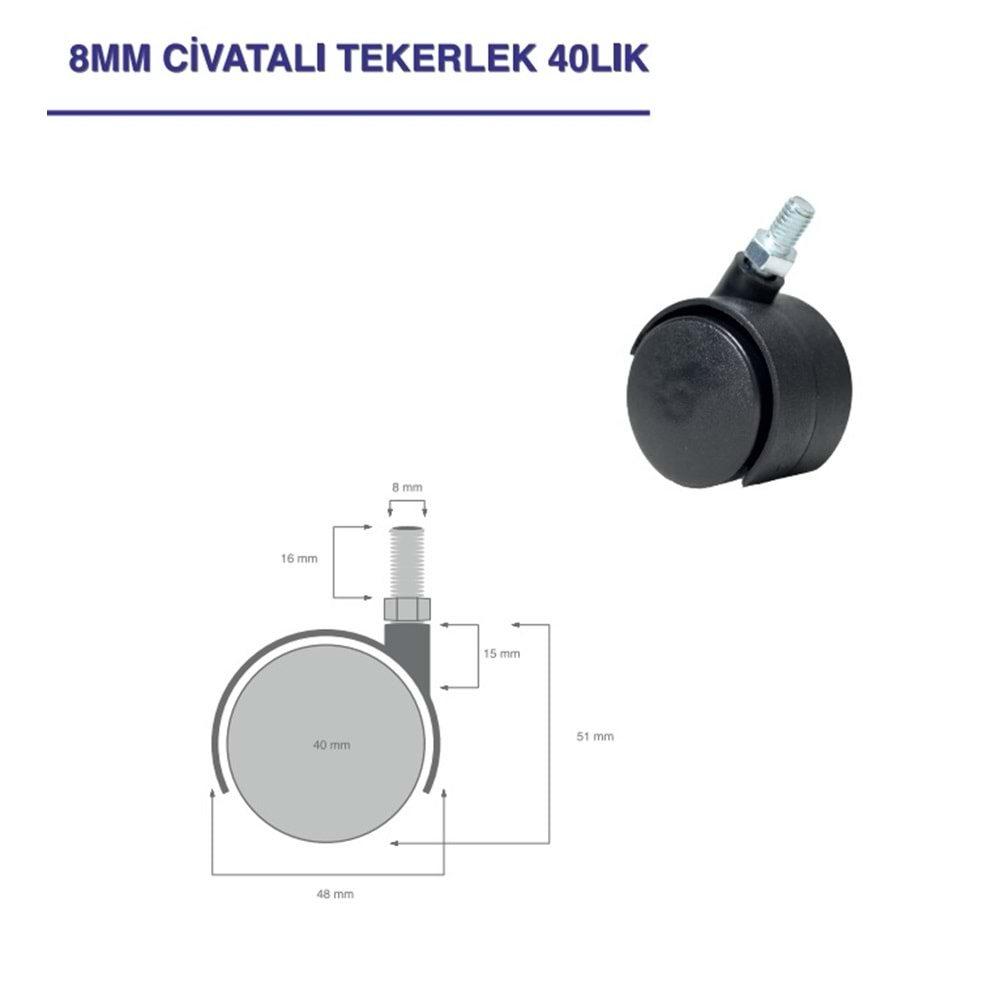 TEKERLEK NO: 405 KÜÇÜK 8 MM VİDALI PLASTİK