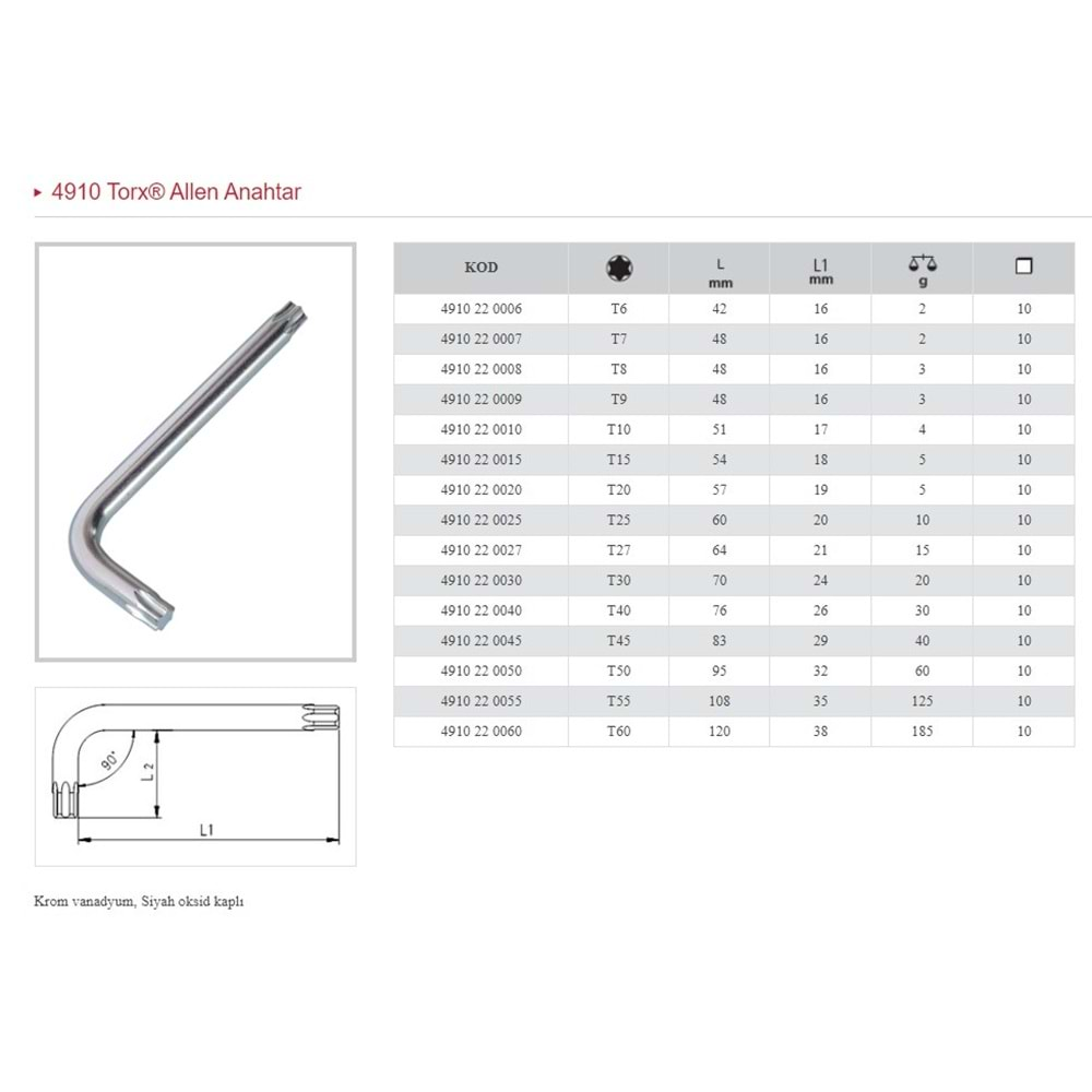 İZELTAŞ T9 TORX PARÇA ALLEN 4910 22 0009