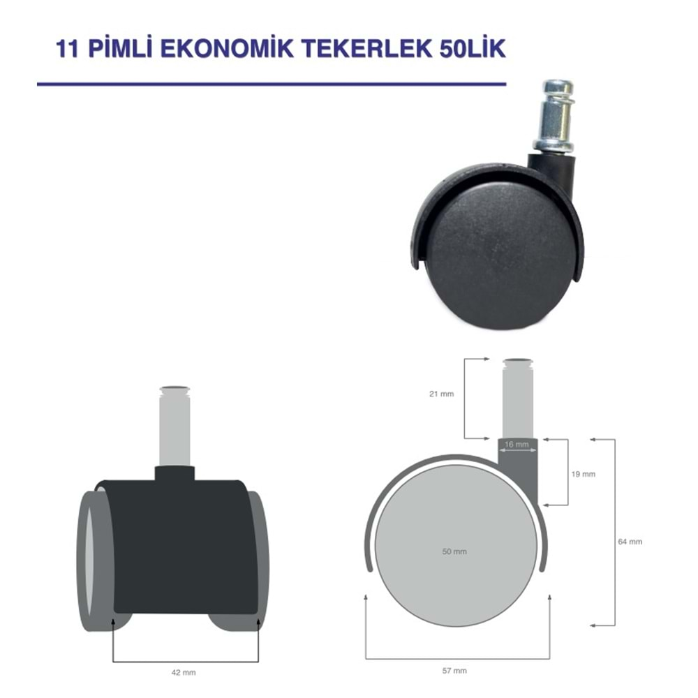 TEKERLEK 50MM KALIN PİMLİ BÜYÜK PLASTİK BÜRO TİPİ