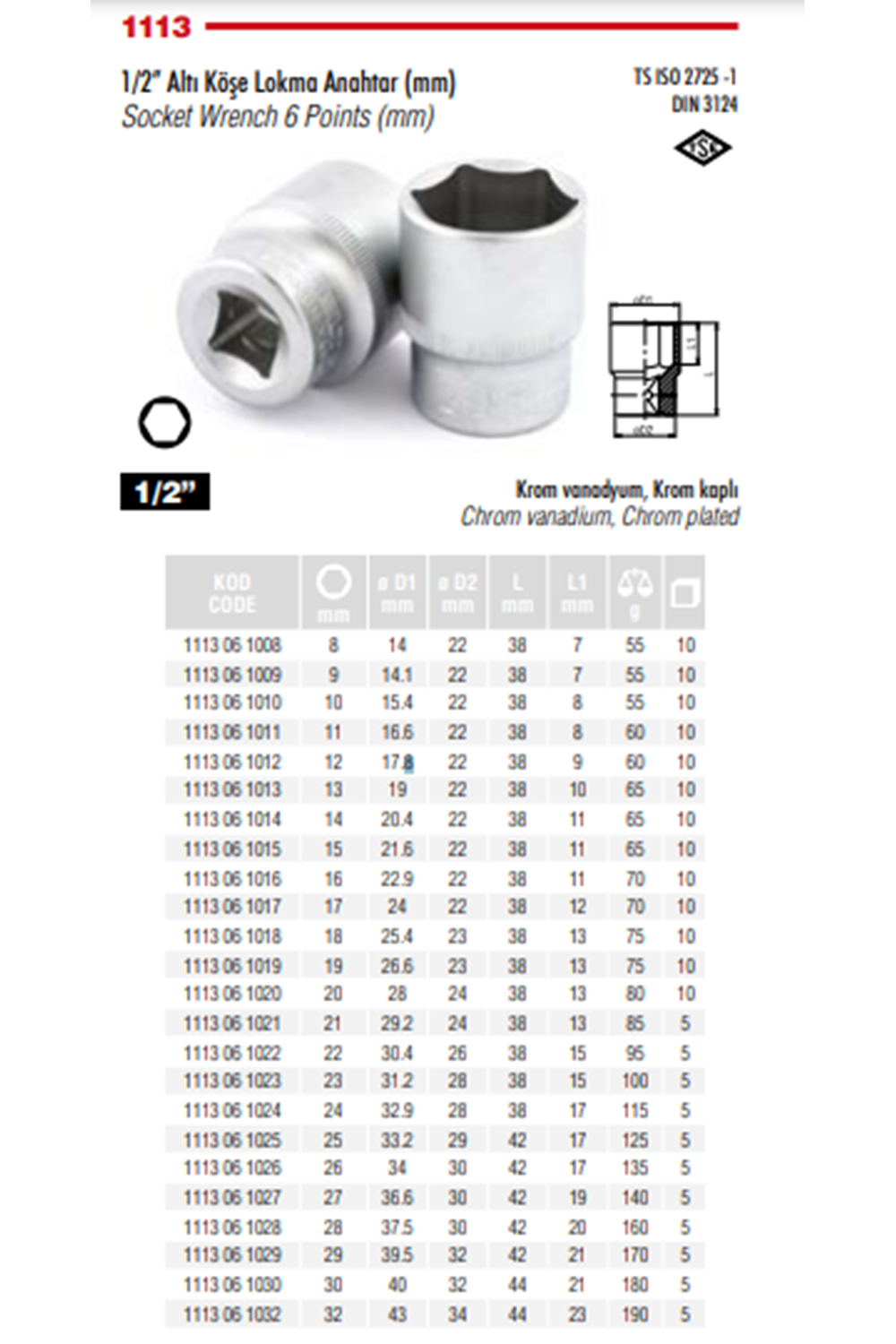İZELTAŞ 32 MM 1/2 ALTI KÖŞELİ LOKMA ANAHTAR 1113 06 1032