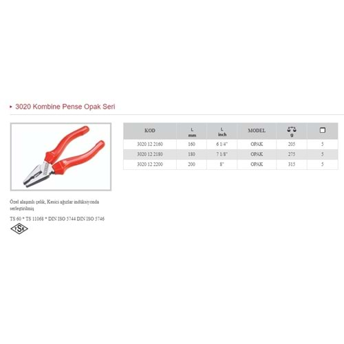 İZELTAŞ 160 MM OPAK KOMBİNE PENSE 3020 12 2160