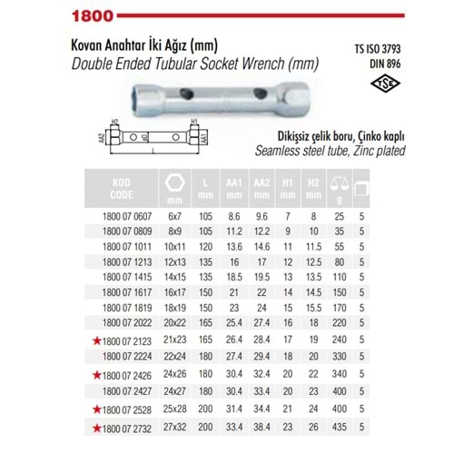 İZELTAŞ 16X17 KOVAN ANAHTAR İKİ AĞIZ 1800 07 1617