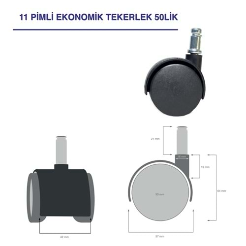 TEKERLEK 50MM KALIN PİMLİ BÜYÜK PLASTİK BÜRO TİPİ