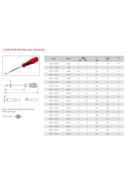 İZELTAŞ 4X100 KRAFT SERİSİ DÜZ UÇLU TORNAVİDA 4100 17 4100
