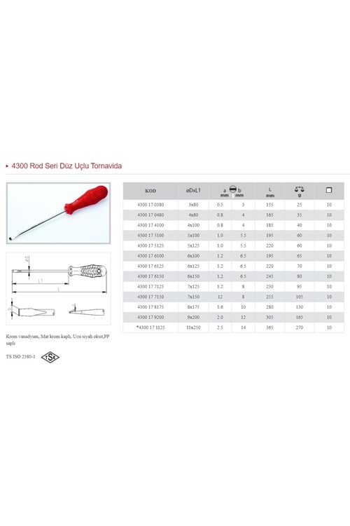 İZELTAŞ 5X100 OPAK SERİSİ DÜZ UÇLU TORNAVİDA 4300 17 5100