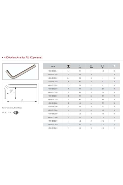 İZELTAŞ 8 MM KISA ALLEN ALTI KÖŞELİ ANAHTAR 4900 22 0080
