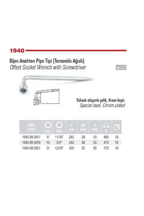 İZELTAŞ 17 MM BİJON ANAHTARI PİPO TİPİ TORNAVİDA AĞIZLI 1940 09 0017
