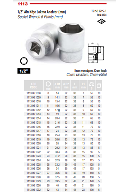 İZELTAŞ 28 MM 1/2 ALTI KÖŞELİ LOKMA ANAHTAR 1113 06 1028