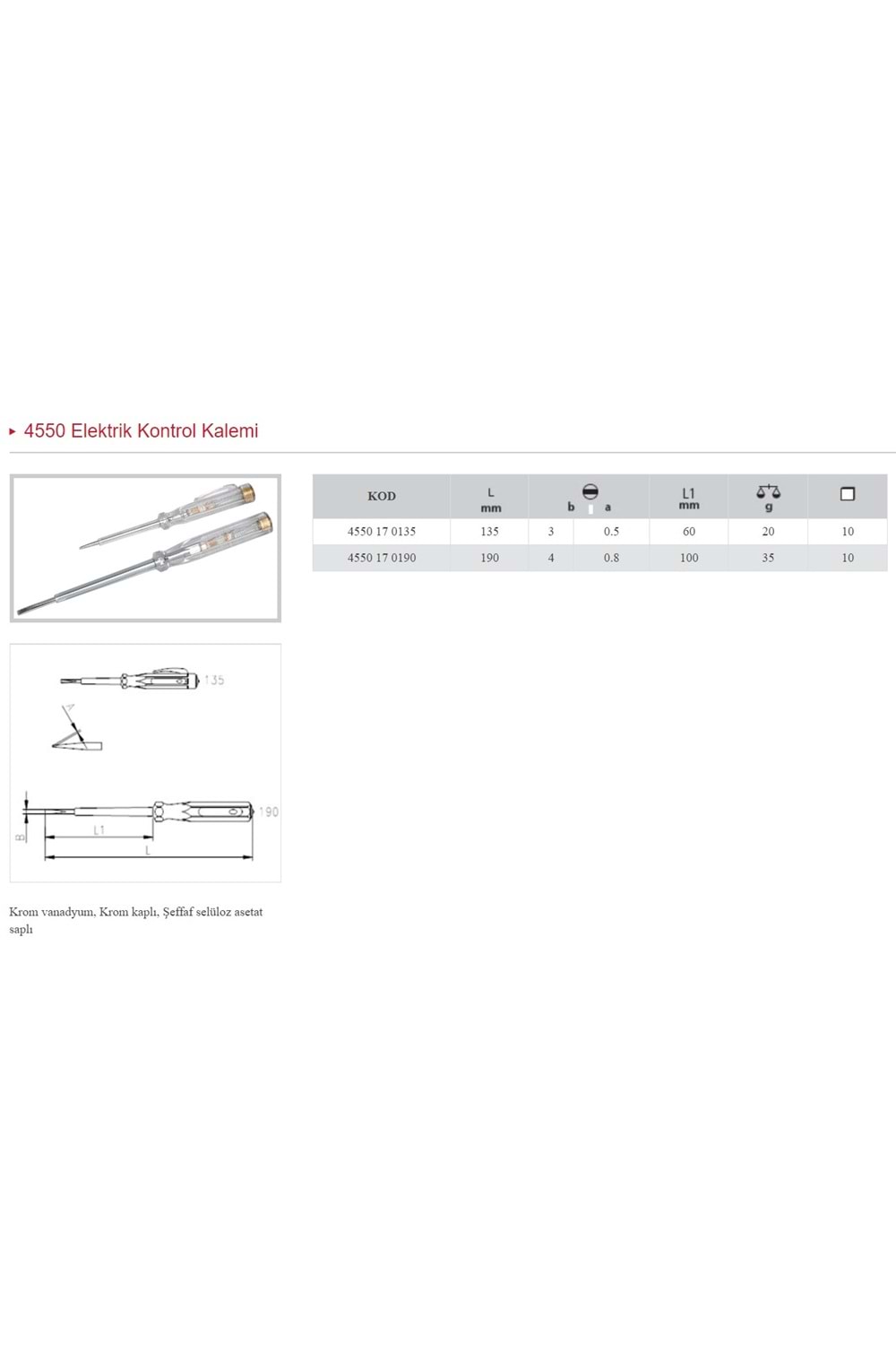 İZELTAŞ 190 MM KONTROL KALEMİ - DÜZ UÇLU 4550 17 0190