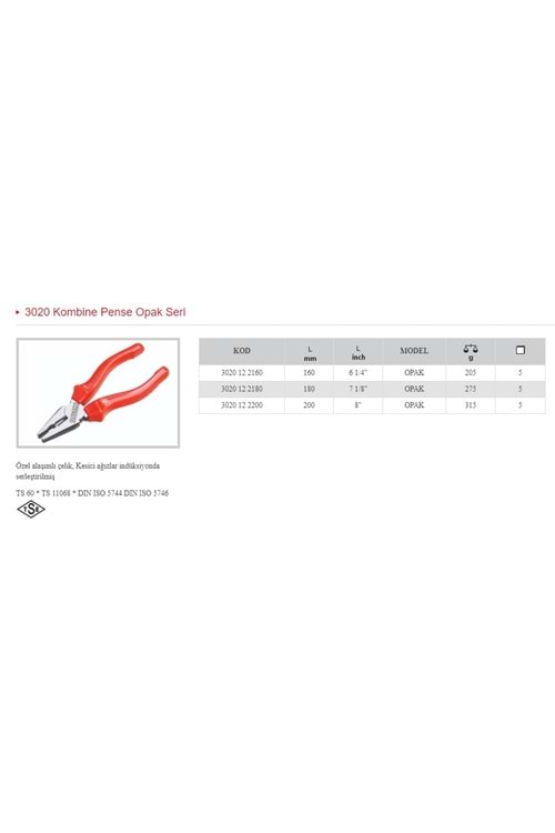 İZELTAŞ 160 MM OPAK KOMBİNE PENSE 3020 12 2160
