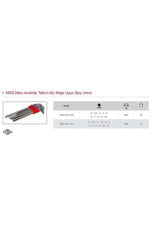 İZELTAŞ 12 Lİ UZUN ALLEN ANAHTAR TAKIMI 4903 00 3112