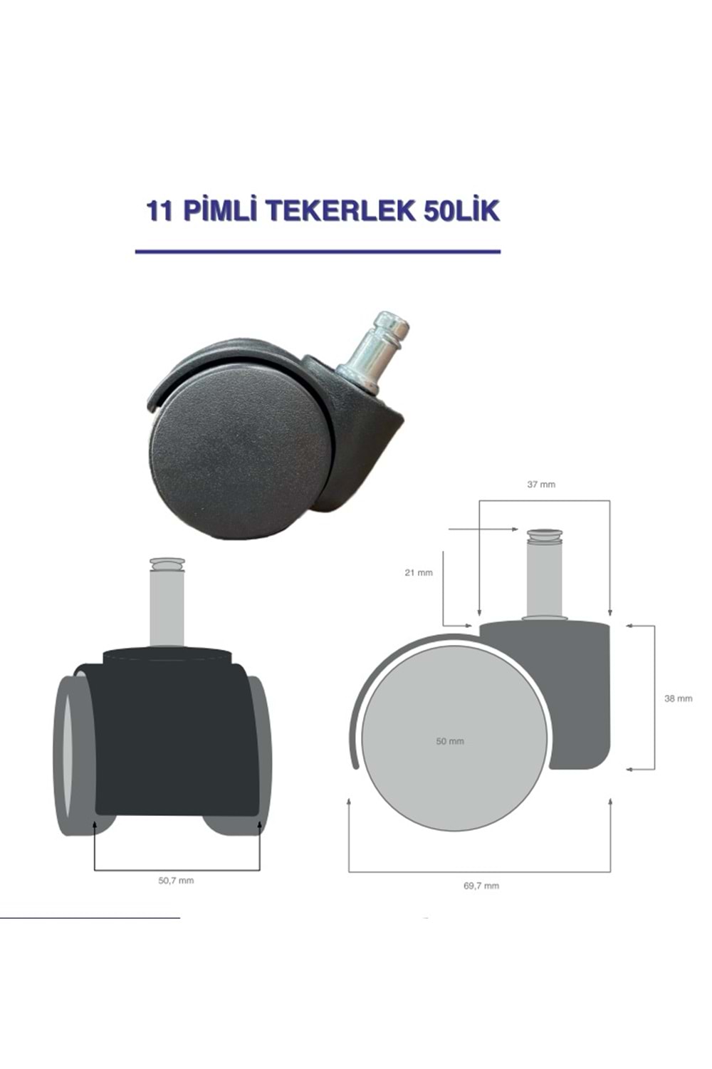 50 MM NO: 413 KALIN PİMLİ BÜYÜK SEGMANLI BÜRO TİPİ PLASTİK TEKERLEK