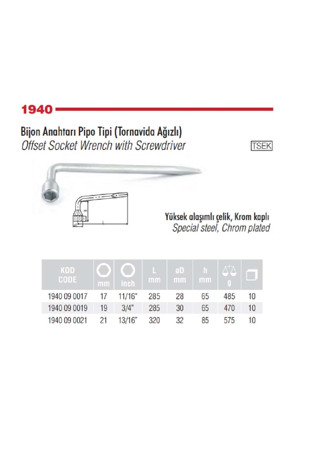 İZELTAŞ 17 MM BİJON ANAHTARI PİPO TİPİ TORNAVİDA AĞIZLI 1940 09 0017